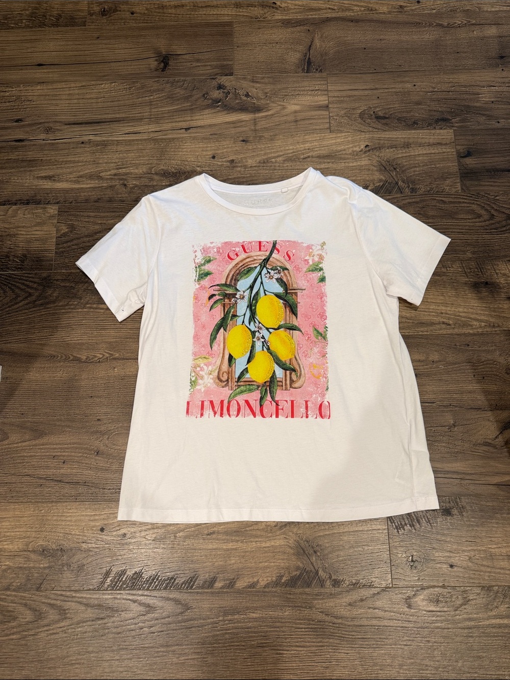 GUESS White Graphic Limoncello Tee with Yellow Lemon Print